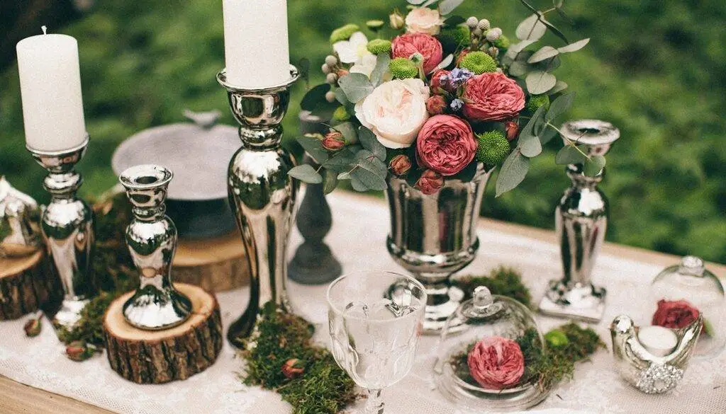 red purple white greens beautiful table center piece with wine glass and silver candle stand